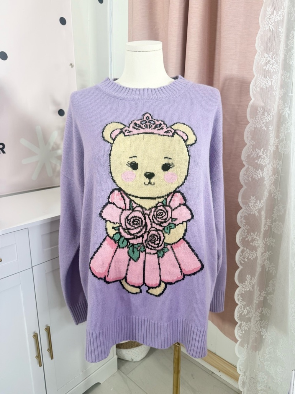 Sugar Thrillz Lavender Crewneck Sweater with Teddy Princess Graphic BIN#5